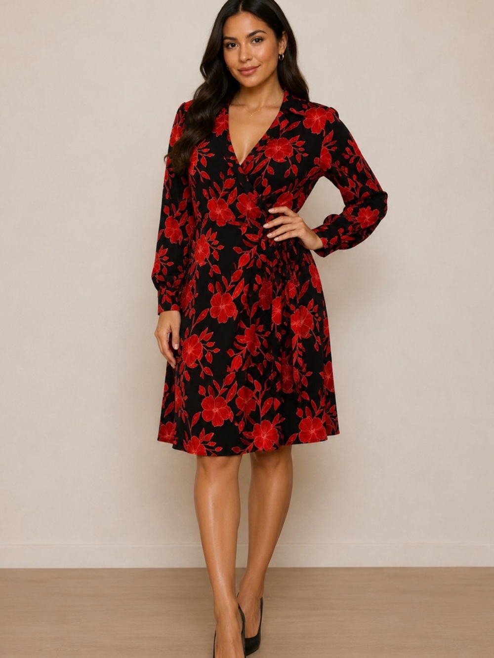 11 Honoré Floral Print Faux Wrap Dress Black with Red Florals  Plus Size 2XL